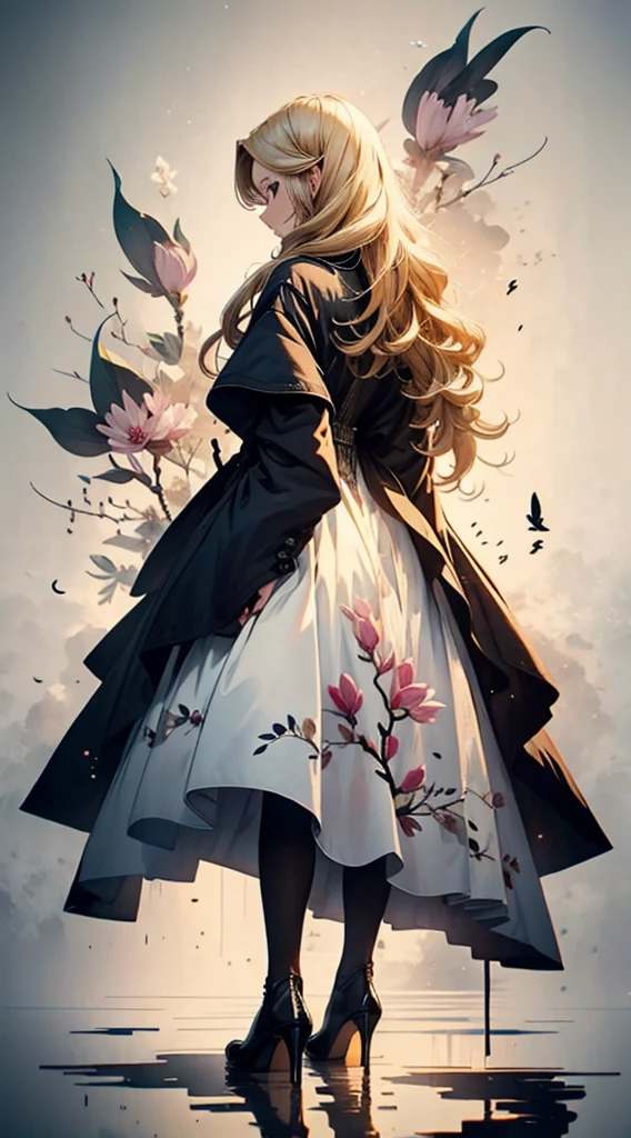 1people々,Blonde long-haired woman,Long coat, Dress Silhouette, Rear View,Space Sky, Magnolia flower field