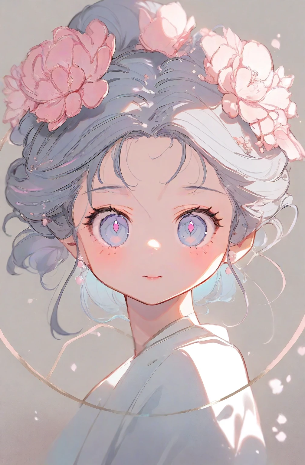 1 Girl,Q version watercolor ink style,Blue-purple clothes,Light blue hair,Pink hair accessories,Exquisite facial features,Smooth and elegant,Clear feeling,Gray-blue pupils,Light and Shadow,Colors are bright and clear