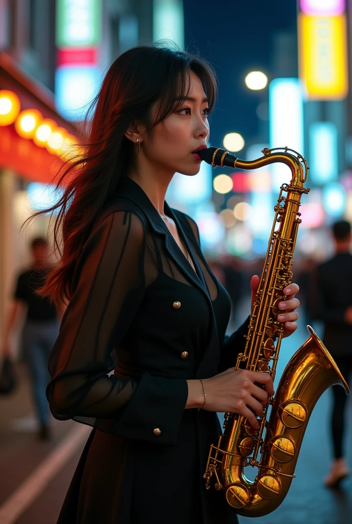 photo-realistic, ultra-realistic, very beautiful Japanese, famous Japanese idol, 25 years old, dramatic scene, masterpiece, beautiful eyes, playing the sax as a street musician, dynamic pose, dynamic angle, 