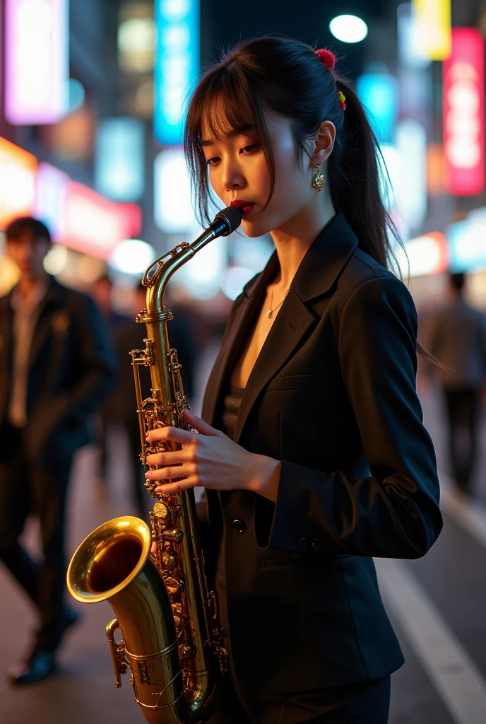photo-realistic, ultra-realistic, very beautiful Japanese, famous Japanese idol, 25 years old, dramatic scene, masterpiece, beautiful eyes, playing the sax as a street musician, dynamic pose, dynamic angle, 