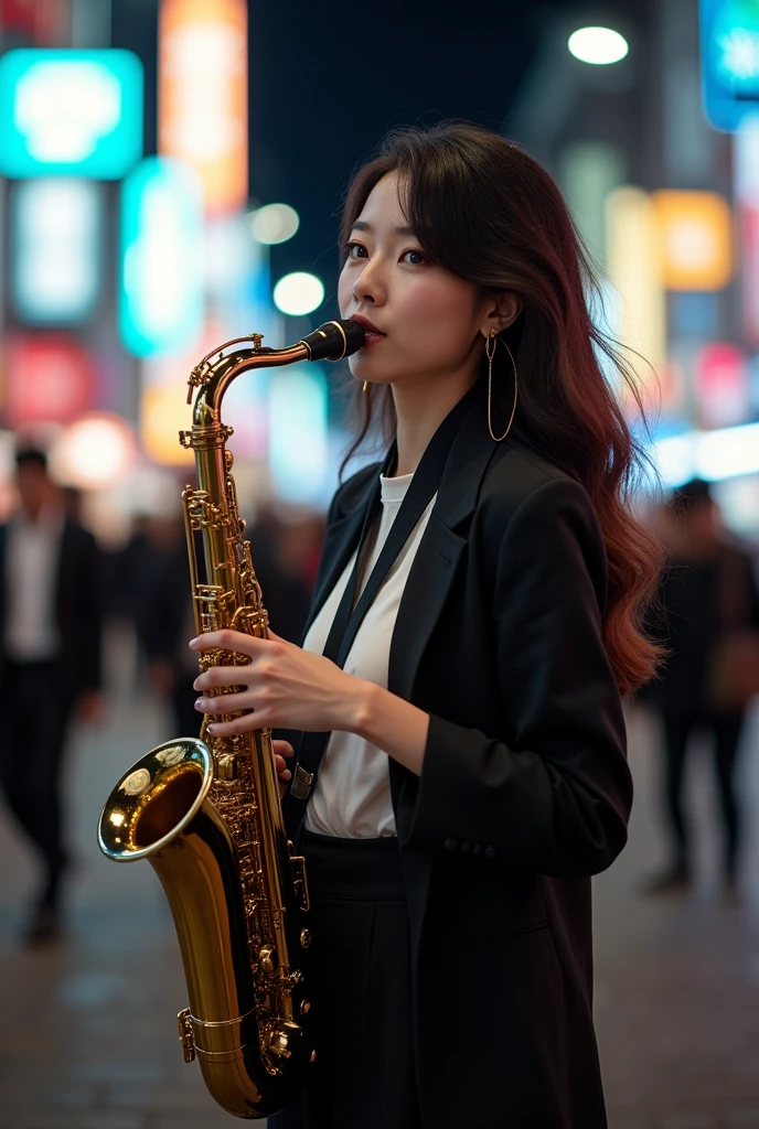 photo-realistic, ultra-realistic, very beautiful Japanese, famous Japanese idol, 25 years old, dramatic scene, masterpiece, beautiful eyes, playing the sax as a street musician, dynamic pose, dynamic angle,