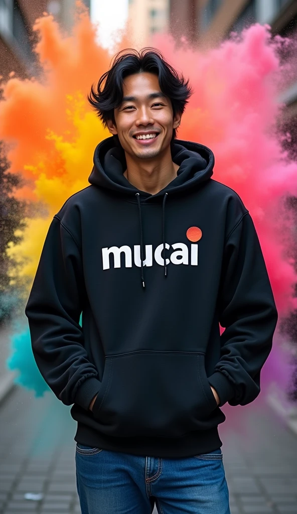 a full body picture of tanned japanese man, wavy black hair, wearing black hoodie write "MUCAI" on long cut hoodie and blue jeans, back ground is colorful, vibrant, ((Masterpiece, Top Quality, High Resolution, Photorealistic, Raw, 8K)), standing and facing forward, smilling, realistic