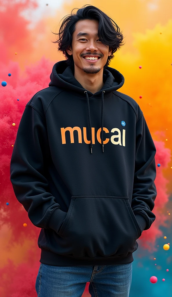 a full body picture of tanned japanese man, wavy black hair, wearing black hoodie write "MUCAI" on long cut hoodie and blue jeans, back ground is colorful, vibrant, ((Masterpiece, Top Quality, High Resolution, Photorealistic, Raw, 8K)), standing and facing forward, smilling, realistic
