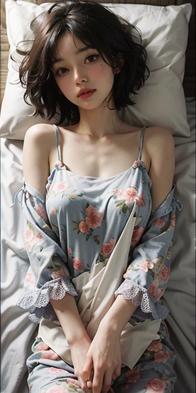 Lying on the bed face down、Cute looking at you, 22 years old, Realistic, She wears a short, She is wearing floral pajamas, short hair.Shoulder Bare、Chest visible from the front