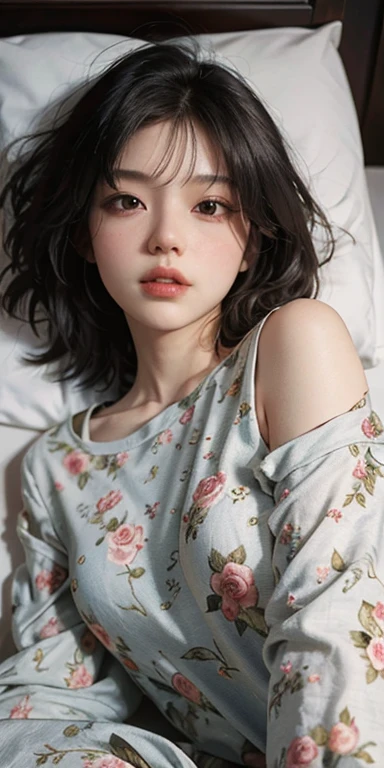 Lying on the bed face down、Cute looking at you, 22 years old, Realistic, She wears a short, She is wearing floral pajamas, short hair.Shoulder Bare、Chest visible from the front