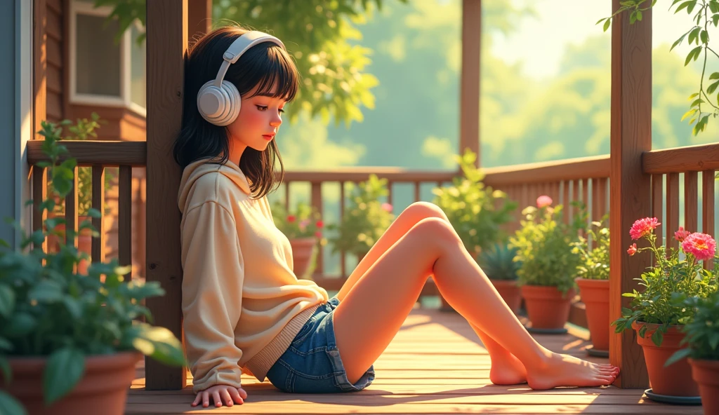 Perfect image, 8k, noon、A high school girl listening to music on a cozy veranda,holiday、 Using headphones, 2D-style animation, Lo-Fi, hard disk, Big Breasts、one's home