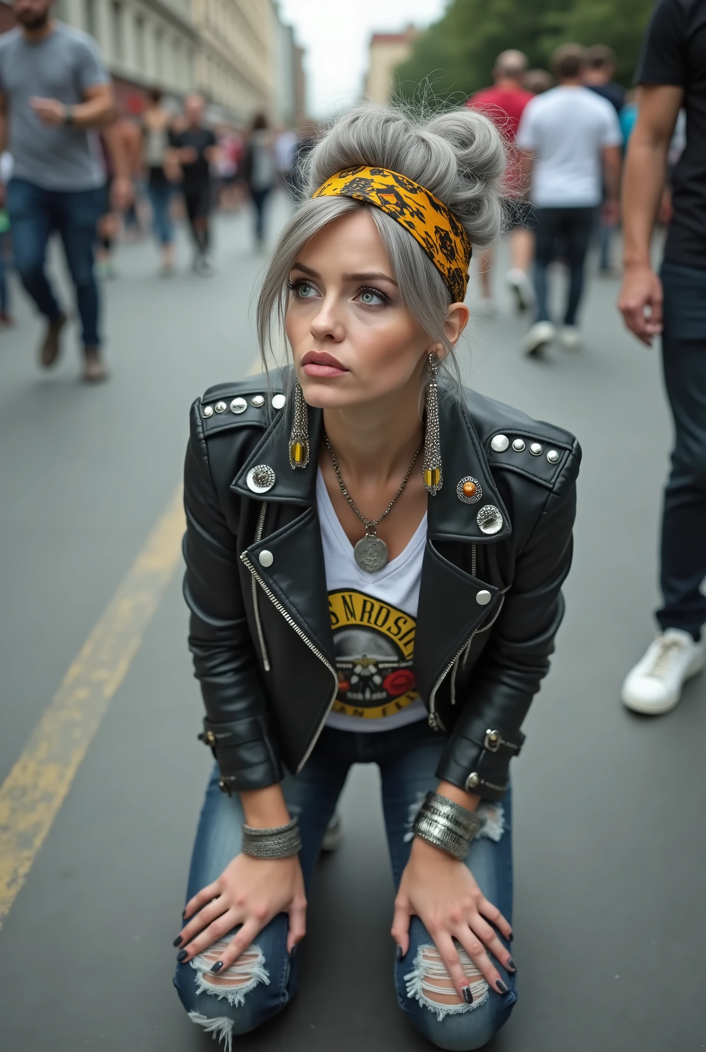 russian milf woman, grey hair (huge top bun) and bandana as headband (big maxi glasses), with very light blue eyes, extremely pale. Wearing cropped black moto jacket with lots of zippers and pins, raggy cropped t-shirt with guns and roses logo, dark skinny blue jeans with holes and white tennis sneakers  . Lots of metallic bracelets and collars. Tacky wide leather belt with oversized buckle. Long earrings. Kneeling like in a payer, a little bent, looking up, eyes and mouth wide open in amazement. Hands on her knees. Listening in amazement to somebody speaking to her, toned six pack abdominals, thin legs and thin arms. A lot of people around