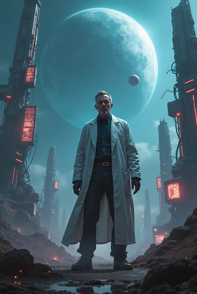 "A highly detailed, surreal, and dramatic sci-fi poster. The poster depicts a futuristic doctor with a mix of despair and determination on their face, standing on a desolate alien battlefield. Surrounding them are towering alien spacecraft and twisted, futuristic structures. In the background, a giant alien planet looms ominously, casting a shadow over the scene. The doctor is clutching advanced medical equipment, with glowing holograms and screens floating around them, indicating complex data. The atmosphere is dark, with deep shadows, neon glows, and a sense of impending doom. The title text 'A Doctor’s Despair: The Unseen Battles Beyond the Stars' is integrated into the scene with a futuristic font, glowing faintly."
