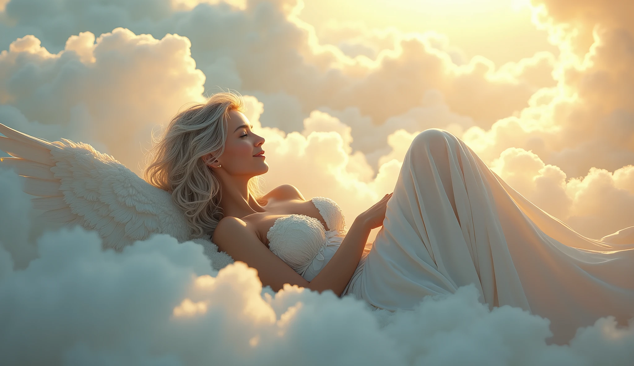 A seductive angel with long, silken silver hair, lying gracefully on a bed of soft, glowing clouds. Her white wings are spread out, shimmering with ethereal light. She wears a flowing, translucent robe that drapes elegantly over her body, revealing her alluring curves. With a gentle smile, she gazes into the distance as she creates a soft halo of light around her, filling the atmosphere with a sense of heavenly peace and serenity. Aim for realistic depiction, make sure photos are at highest resolution (8K)