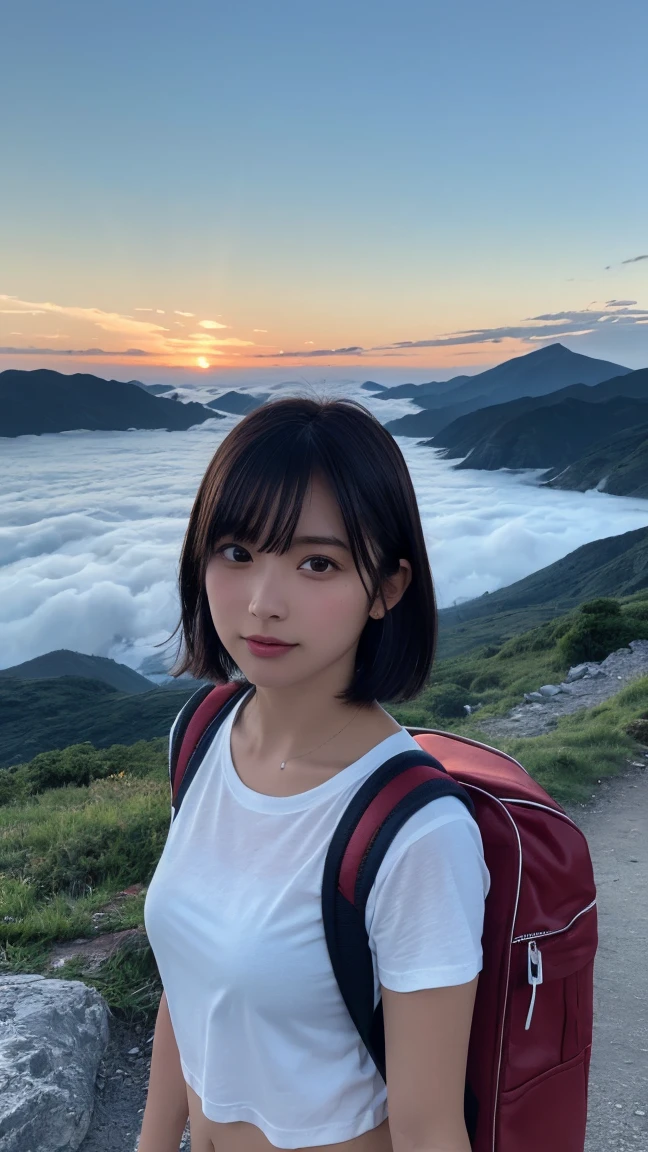 Highest quality, masterpiece, Ultra-high resolution, (Realistic:1.3), RAW Photos, (Nature landscape photography), (Majestic Mountain, sea of clouds), (At the top of a very high mountain), (sunset),
(One Girl), (Upper Body), (20-year-old), (smile:0.9), (Glowing Skin), (short hair, Dark brown hair),
(White T-shirt), (Trekking shorts), (Carry a large backpack on your back),
(Ultra detailed face), (Super beautiful poop), (Highly detailed eyes), (Highly detailed nose), (Highly detailed mouth), (Very skilled hands), (Super-detailed body), Sony a7, 85mm lens, f9.0, Pan Focus