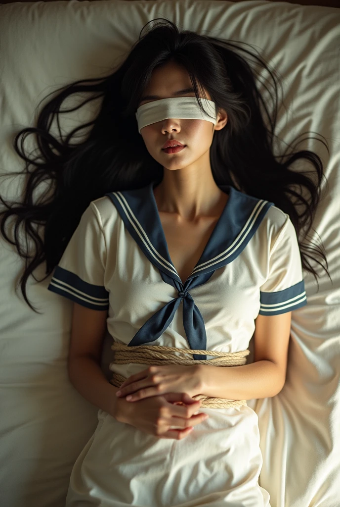 Japanese women Black Hair Long Hair bed In a sailor school uniform Blindfolded and hands tied with rope Bird View