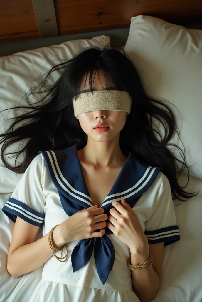 Japanese women　Black Hair　Long Hair　bed　In a sailor school uniform　Blindfolded and hands tied with rope　Bird View