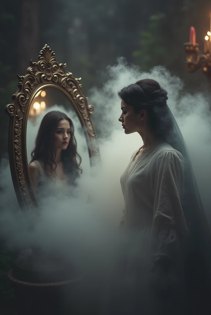 A mystical, inscrutable fog slowly engulfs aevil queen from disney woman, her shadowy form cloaked in ambiguity as a snow white from disney. Foreground features an antiquated, elaborately decorated mirror that reflects an indistinct image, signifying the hidden truth of her identity. The entire scene is immersed in nuanced hues of riddle and secrecy, hinting at the enigma contained within the yet to be revealed narrative of a daughter unearthing her concealed history.