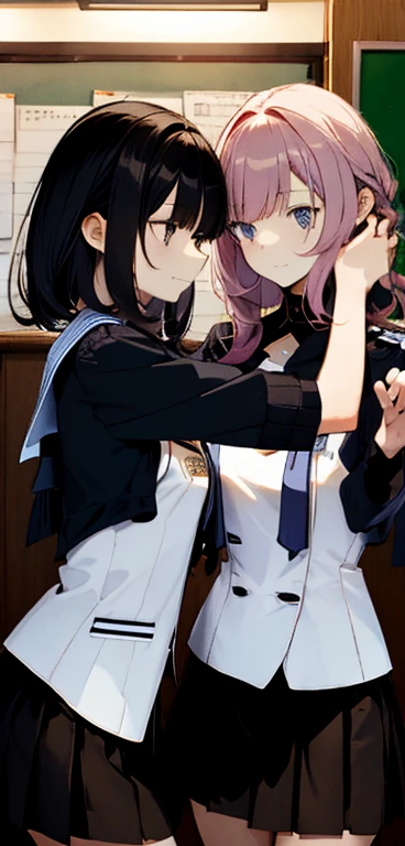 Love Student, Two female students in uniform, Lesbian couple, Tall and thin, beautiful, Alumni, Classmates getting ready 
