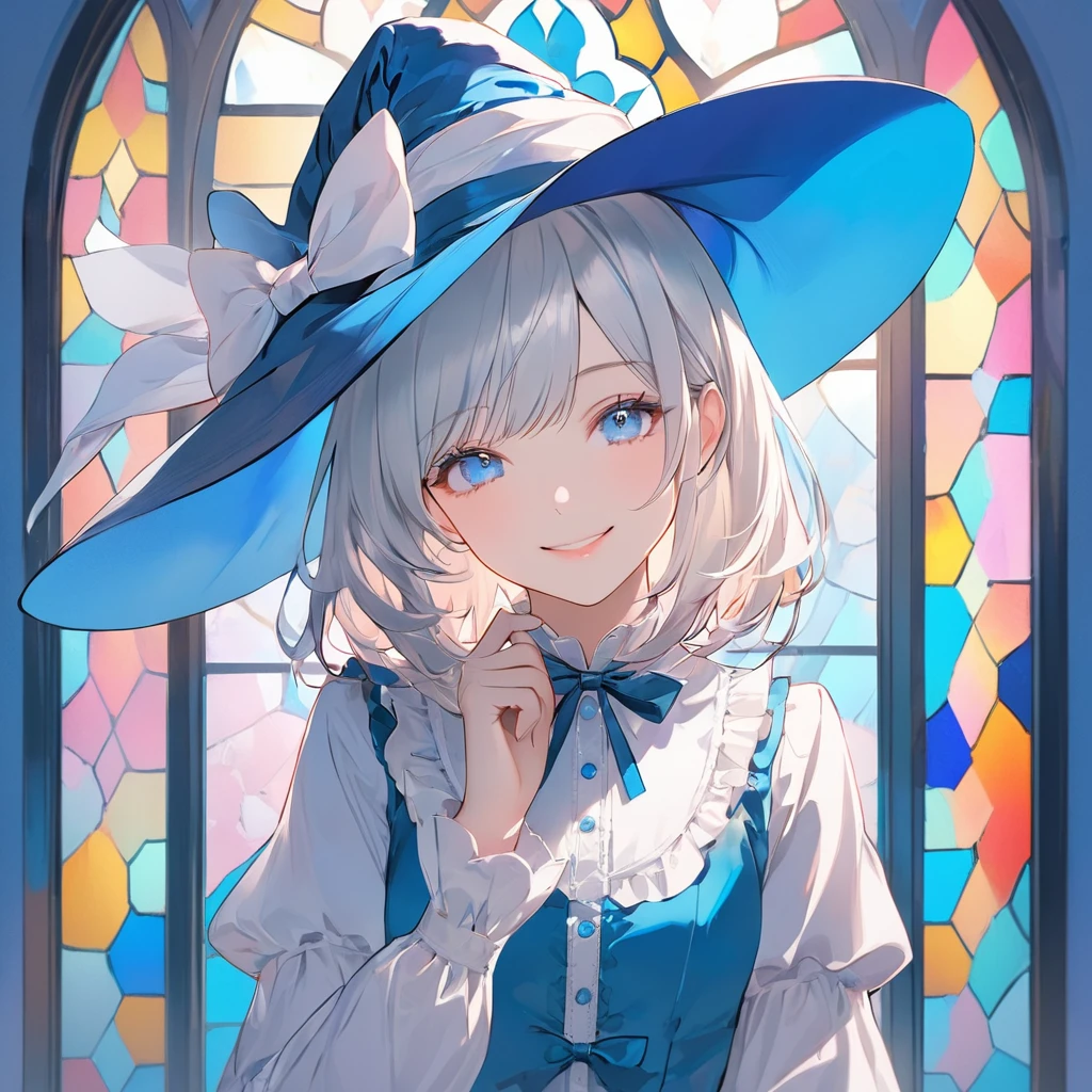 (pastel color theme art),(top-quality),(masterpiece),(from above),(1 girl),(solo),Delicately drawn face,girl with a pretty face,beautiful detailed blue eyes,beautiful detailed blue witch hat with white ribbon ornament,beautiful detailed blue lolita witch fashions with ruffles,((white and blue costume)),(Beautiful silky white hair:1.3),pale skin,a beautiful artistic illustration,blue theme,beautiful smile,frontal face,Medium shot,flat color,soft gradient,((standing in front of pastel blue stained glass wall)),(((stained glass is only blue)))