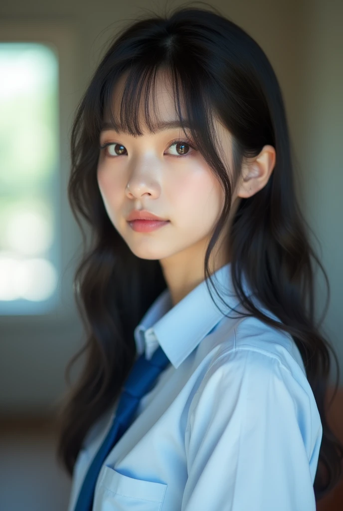 actual photo,There is a woman wearing a blue tie and a blue shirt., Chiho, Shikami, My motto is Teyogi, Yoshitomo Nara, Takemura, Yasumoto Oka, Ishida Sui black hair, Yui Kotekawa, Narumi Kakiuchi, Portrait of Mayuri Shiina,Detailed face and body, Natural light, High resolution, photoactual, (best quality,8k,High resolution,masterpiece:1.2),Very detailed,(actual,photoactual,photo-actual:1.37),actual skin texture,Exquisite eyes and lips,Delicate face,Long eyelashes,Smooth skin
