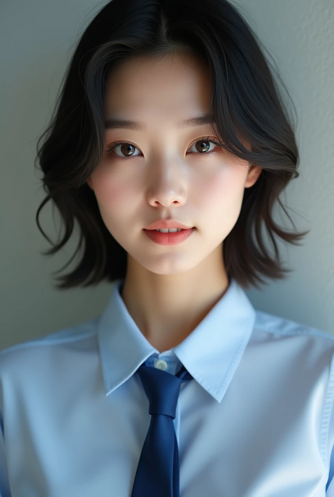 actual photo,There is a woman wearing a blue tie and a blue shirt., Chiho, Shikami, My motto is Teyogi, Yoshitomo Nara, Takemura, Yasumoto Oka, Ishida Sui black hair, Yui Kotekawa, Narumi Kakiuchi, Portrait of Mayuri Shiina,Detailed face and body, Natural light, High resolution, photoactual, (best quality,8k,High resolution,masterpiece:1.2),Very detailed,(actual,photoactual,photo-actual:1.37),actual skin texture,Exquisite eyes and lips,Delicate face,Long eyelashes,Smooth skin