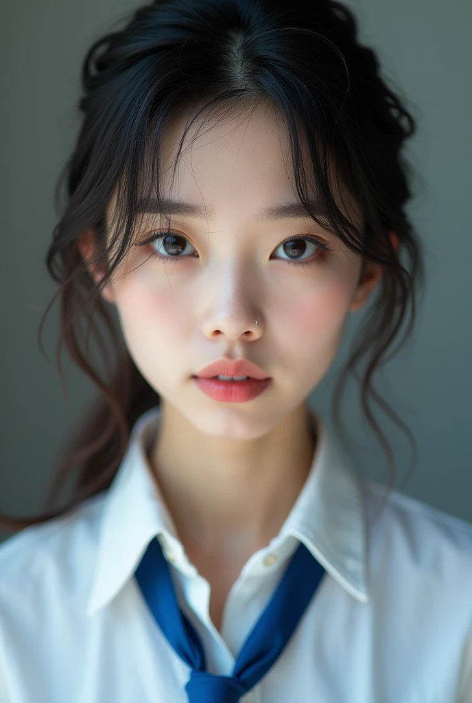 actual photo,There is a woman wearing a blue tie and a blue shirt., Chiho, Shikami, My motto is Teyogi, Yoshitomo Nara, Takemura, Yasumoto Oka, Ishida Sui black hair, Yui Kotekawa, Narumi Kakiuchi, Portrait of Mayuri Shiina,Detailed face and body, Natural light, High resolution, photoactual, (best quality,8k,High resolution,masterpiece:1.2),Very detailed,(actual,photoactual,photo-actual:1.37),actual skin texture,Exquisite eyes and lips,Delicate face,Long eyelashes,Smooth skin