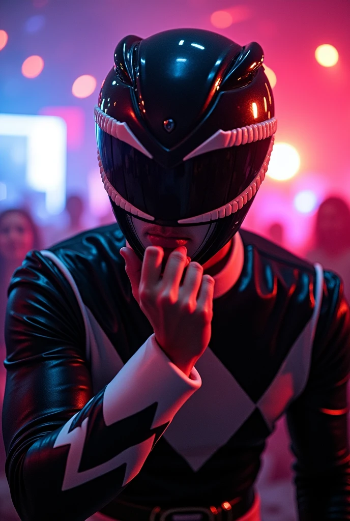 Johnny Yong Bosch
American actor Mighty morphin power rangers Adam park in his black power ranger suit sitting down on someone's face with his helmet on