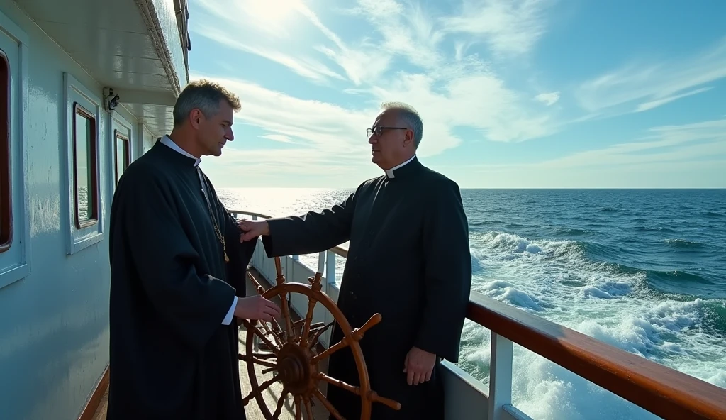 A pastor touching the ship's captain on the shoulder while he is piloting