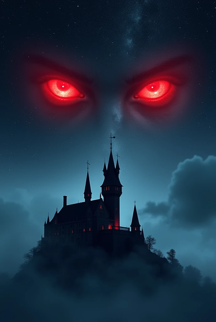 a picture of a ((of 2 glowing red eyes: 1.5)) formed in the night sky full of  stars, BREAK a ((2 of vampire fangs: 1.5))  formed in the night sky full of stars, dark goth fantasy castle background,Ultra-high resolution, High Contrast, (masterpiece:1.5), highest quality, Best aesthetics), 16K fantasy art, best details, best quality, highres, (ultra wide angle: 1.2), 16k, [ultra detailed], masterpiece, best quality, (extremely detailed)