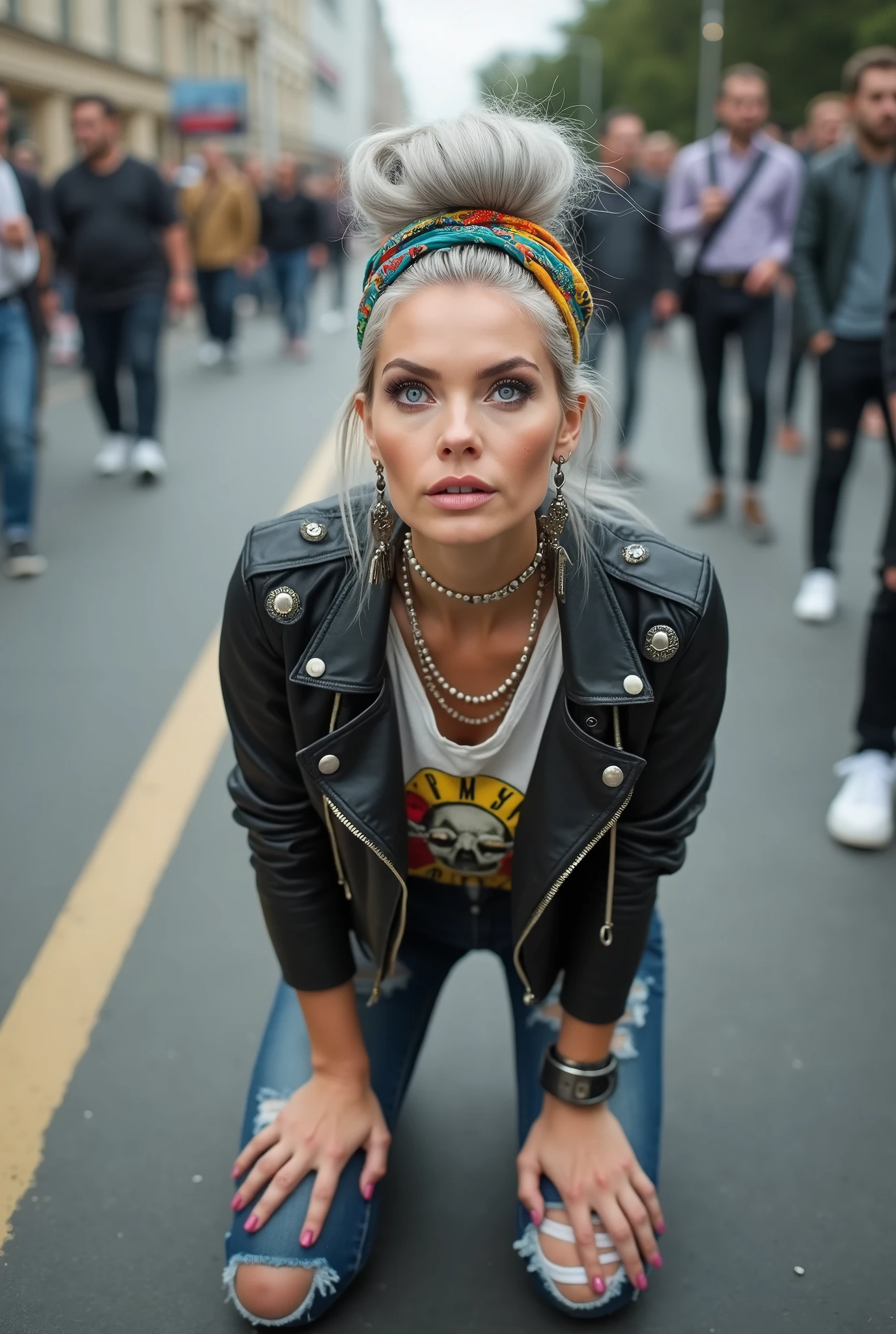 russian milf woman, grey hair (huge top bun) and bandana as headband (big maxi glasses), with very light blue eyes, extremely pale. Wearing cropped black moto jacket with lots of zippers and pins, raggy cropped t-shirt with guns and roses logo, dark skinny blue jeans with holes and white tennis sneakers  . Lots of metallic bracelets and collars. Tacky wide leather belt with oversized buckle. Long earrings. Kneeling like in a payer, a little bent, looking up, eyes and mouth wide open in amazement. Hands on her knees. Listening in amazement to somebody speaking to her, toned six pack abdominals, thin legs and thin arms. A lot of people around