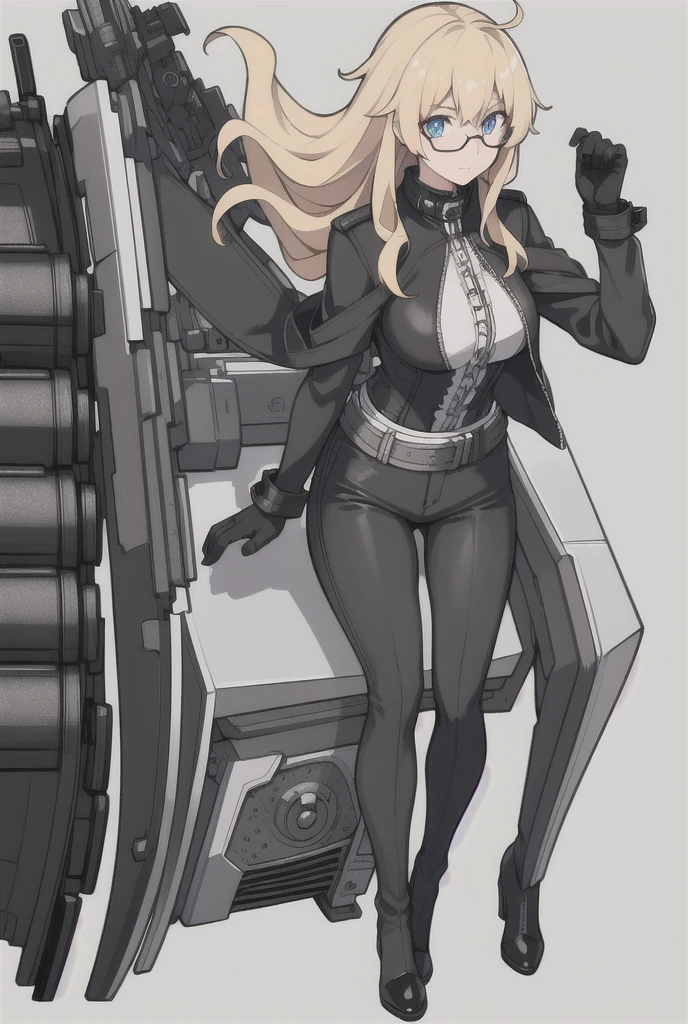 Hood \(warship girls r\),((masterpiece)),(((best quality))),((ultra-detailed)),((illustration)),((disheveled hair)),((frills)),black leather rider jacket,office in the dark,Fingertips of black leather gloves on both hands,wearing black leather gloves,sitting in a black leather chair,Japanese female new employee (black leather gloves cover both hands) (The angle is horizontal),black leather leather pants,black leather black leather pants,black leather skinny pants,Long black leather boots on both feet,((He wears black leather gloves on his hands))Full body photo,full body shot full body full body leather suit,☺If you turn in this direction,wearing black leather gloves,wearing black leather gloves,wearing black leather gloves,wearing black leather gloves,wearing black leather gloves,wearing black leather gloves, under-rim eyewear,Blue eyes with highlights,Blonde long hair(delicate eyes),ahoge,