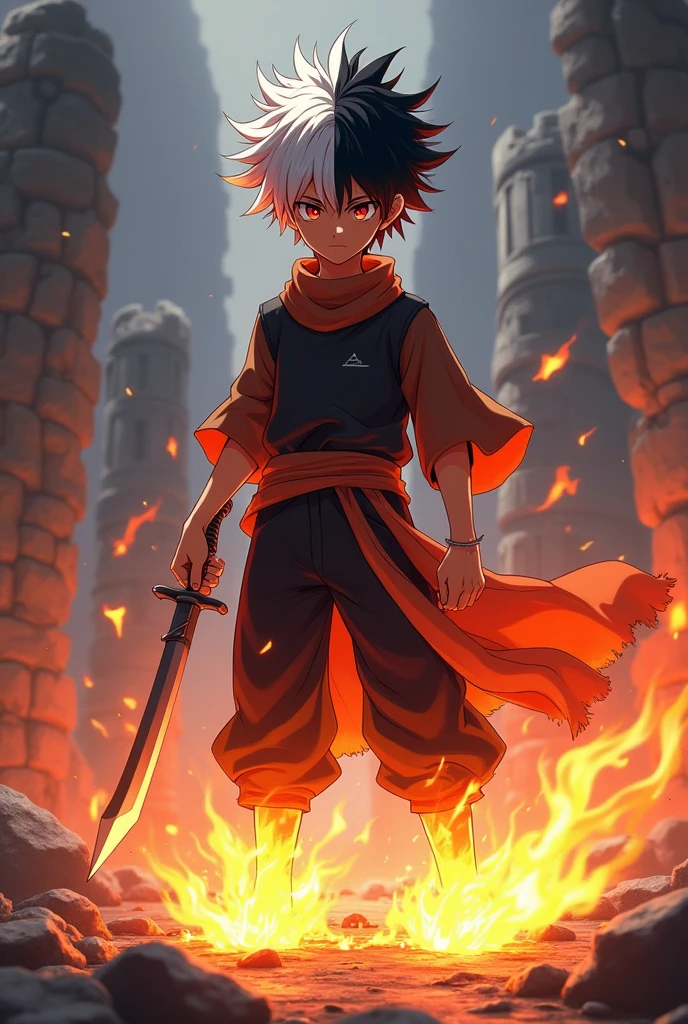 アニメ, beautiful boy , half white and half black hair , bladed weapon, feux sur la jambe droite, pouvoirs du feux