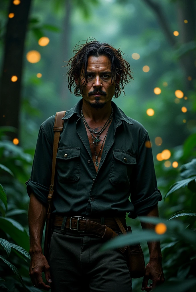 masterpiece, johnny depp walking through the jungle (night among fireflies), (high detail:1 1), rough face, natural skin, high quality, nsfw, beautiful eyes, (detailed face and eyes), (face: 1 2), noise, extra, real photo, PSD, lamp film photography, sharp focus, contrast lighting, detailed skin, high resolution 8k, crazy detail, realistic, professional photography, 8k UHD, SLR camera, soft lighting, high quality, film grain, Fujifilm XT3