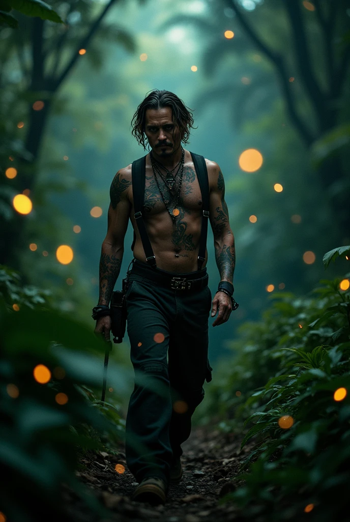 masterpiece, johnny depp walking through the jungle (night among fireflies), (high detail:1 1), rough face, natural skin, high quality, nsfw, beautiful eyes, (detailed face and eyes), (face: 1 2), noise, extra, real photo, PSD, lamp film photography, sharp focus, contrast lighting, detailed skin, high resolution 8k, crazy detail, realistic, professional photography, 8k UHD, SLR camera, soft lighting, high quality, film grain, Fujifilm XT3