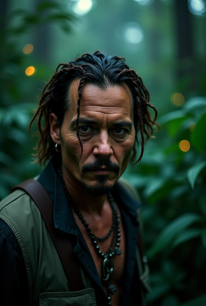 masterpiece, johnny depp walking through the jungle (night among fireflies), (high detail:1 1), rough face, natural skin, high quality, nsfw, beautiful eyes, (detailed face and eyes), (face: 1 2), noise, extra, real photo, PSD, lamp film photography, sharp focus, contrast lighting, detailed skin, high resolution 8k, crazy detail, realistic, professional photography, 8k UHD, SLR camera, soft lighting, high quality, film grain, Fujifilm XT3