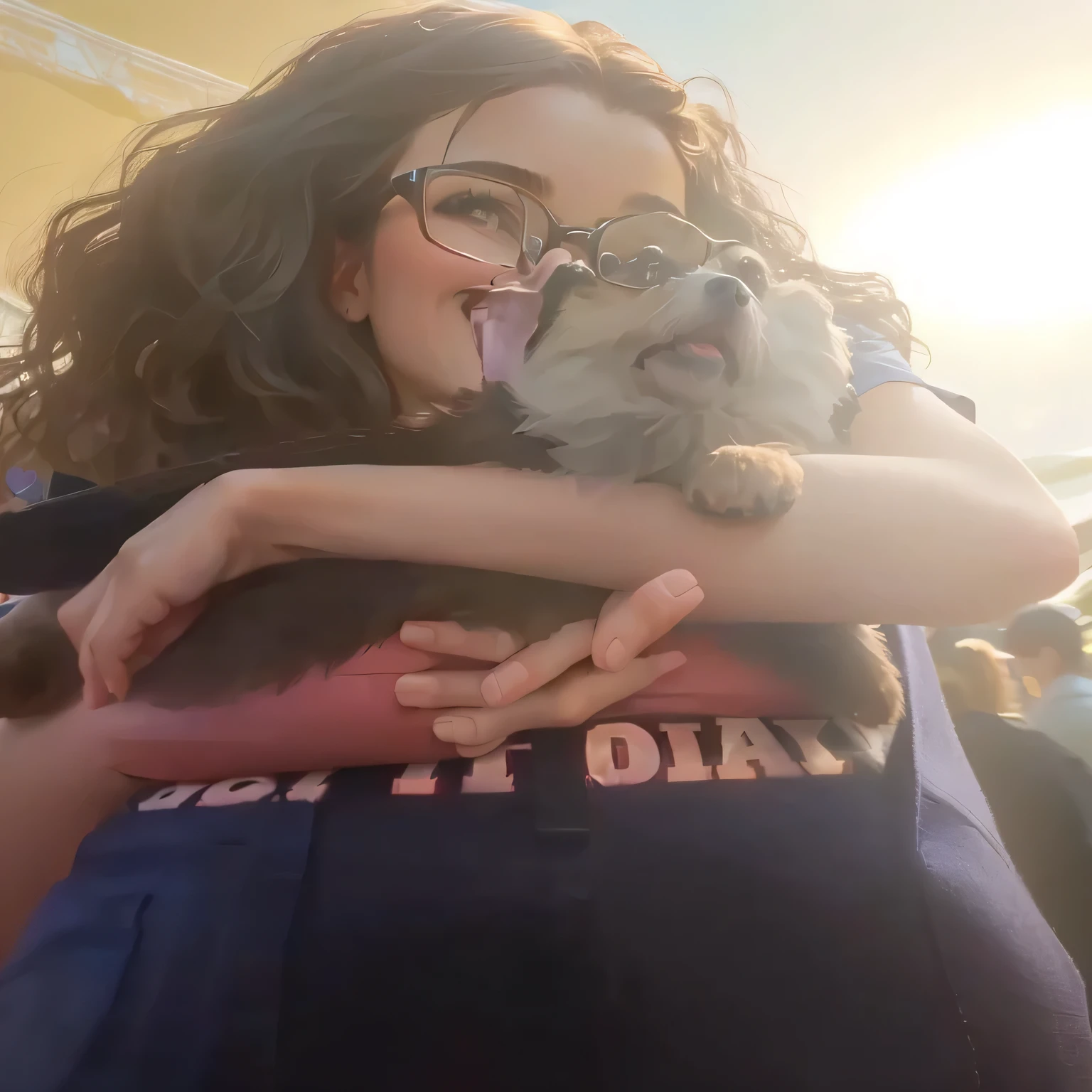 a beautiful girl with short, slightly wavy hair, with glasses, holding her brown shitzu dog in disney pixar style at an amusement park