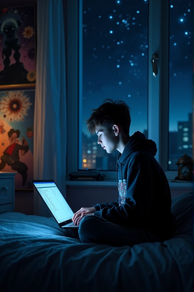 Aboy wearing hoodie using laptop in night
