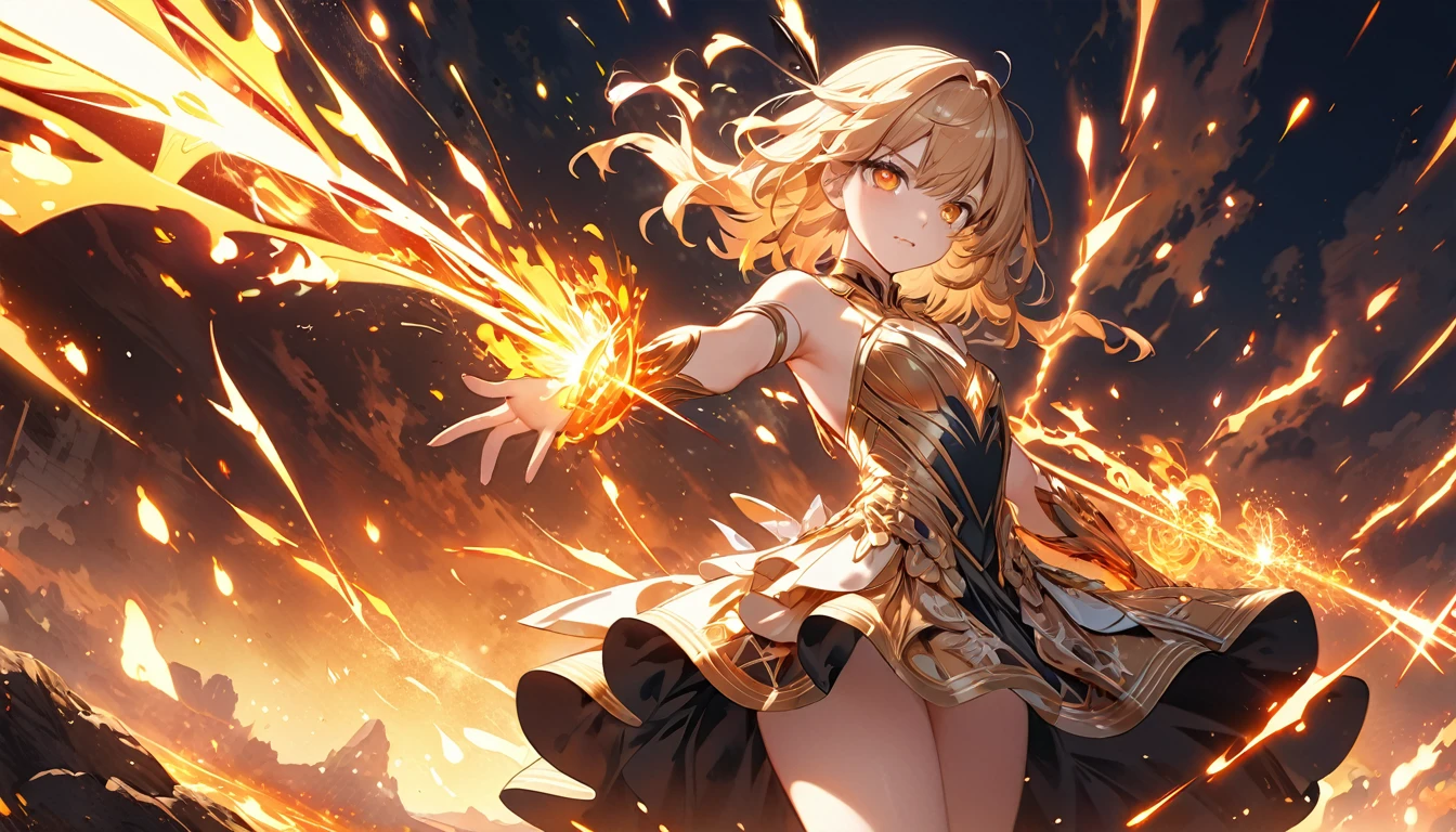 **303. One person。Spark Personification。The embodiment of a spark that symbolizes the flash of light and passion of the moment.。Cowboy shot or close-up。
masterpiece, best quality, ultra detailed (Detailed fingers), (Emotional), (Breathtakingly beautiful),
(main part: 1.2 Whole body。), (Anime Style), (Very detailed), (spark personification),
(超High resolution, High resolution), (8k), (High resolution: 1.2), (Complex and beautiful: 1.2)**
- background: A workshop where sparks fly in the darkness、A landscape filled with the scent of iron and fire。
- Personification: Young woman, around 18 years old、Wearing a sparkling dress that makes sparks fly。
-pose: The moment the iron is struck, sparks fly as it comes into motion.。
-expression: Passionate and powerful、A look that seems to bet everything on that moment。
- Effects: Sparks fly in all directions、Bright surroundings effect。
-color: Gold and Orange、A color that symbolizes the spark of fire。