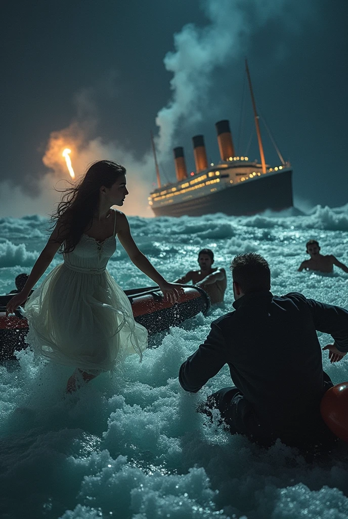 Titanic sinking, some people are trying to save their life some people are floating some people are in boat everyone crying