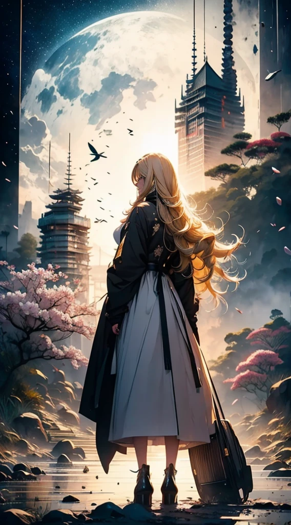 1people々,Blonde long-haired woman,Long coat, Dress Silhouette, Rear View,Space Sky, Magnolia flower field