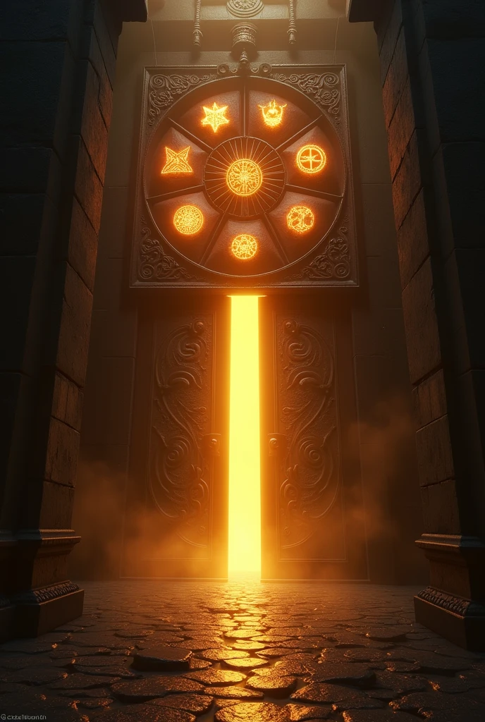Camera Angle is located above the gate. The gate should be intricately designed with glowing, 8 mystical symbols and patterns, and it should emit a bright, golden light from the opening. The surrounding environment is dark and shadowy, creating a stark contrast with the golden light. The overall atmosphere should evoke a sense of mystery, wonder, and the beginning of an adventure, with the glowing symbols suggesting magic or hidden knowledge
