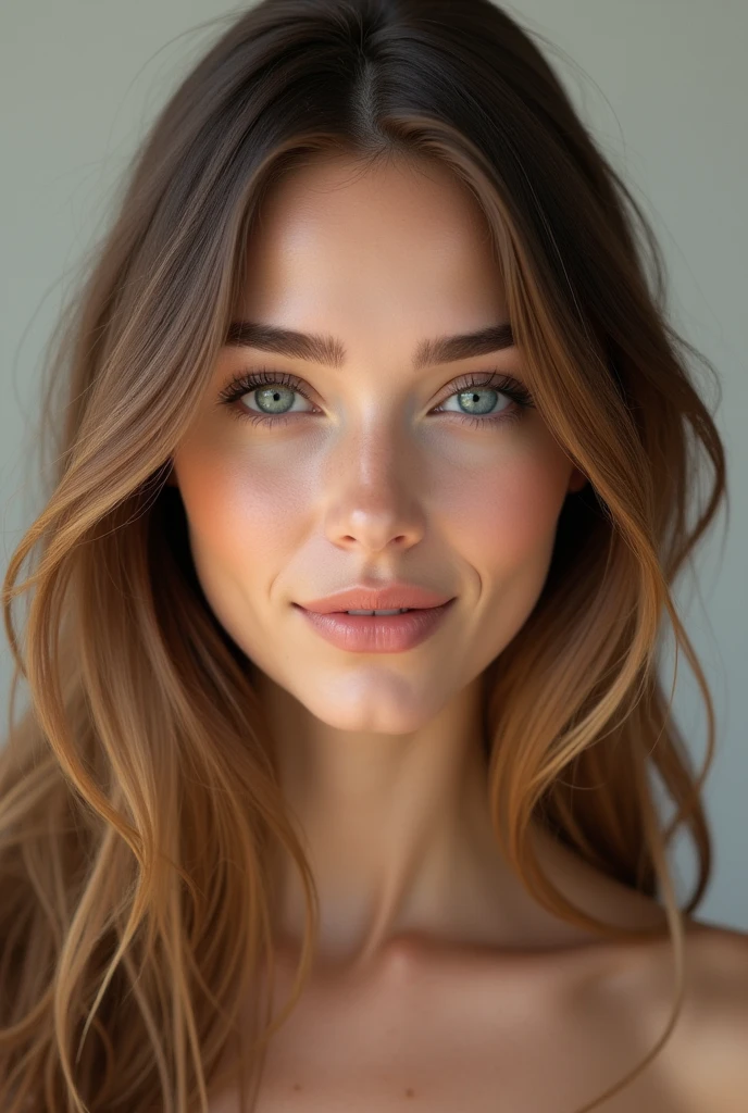  Créez un portrait ultra-réaliste d'une femme blanche d'origine française âgée de 20 ans. Elle a des traits harmonieux et symétriques, incarnant les critères modernes de beauté. Son visage est légèrement ovale avec des pommettes hautes et un menton délicatement défini. Ses yeux sont grands et expressifs, de couleur bleu clair, encadrés par des cils longs et épais. Ses sourcils sont bien dessinés, légèrement arqués, et de couleur châtain foncé. Elle a une peau lisse et éclatante, d'un teint clair et uniforme. Ses lèvres sont pleines et naturellement rosées. Ses cheveux sont longs, légèrement ondulés, et de couleur châtain clair avec des reflets dorés. Son expression est douce et sereine, avec un léger sourire. Le fond de l'image est neutre pour mettre en valeur les détails du visage.