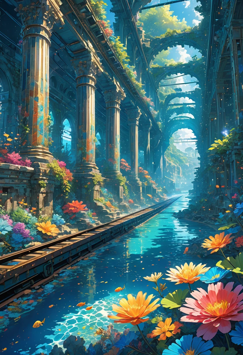 score_9, score_8_upper, score_7_upper,(((In the water))),Sea,seabed,A city sunk to the bottom of the sea,train,ruins,beautiful海,Sunken rail,(((Blue overall color))),summer,Streaks of light from the water surface,(masterpiece, Highest quality, Highest quality, Official Art, beautifull, beautiful:1.2,Ray Tracing),Very detailed,Blue tones,Very detailed, (Fractal Art:1.3), Most detailed, High resolution, Impressive visuals, (Dynamic Stripes, Light trail:1.2), Vibrant colors ,Detailed Images