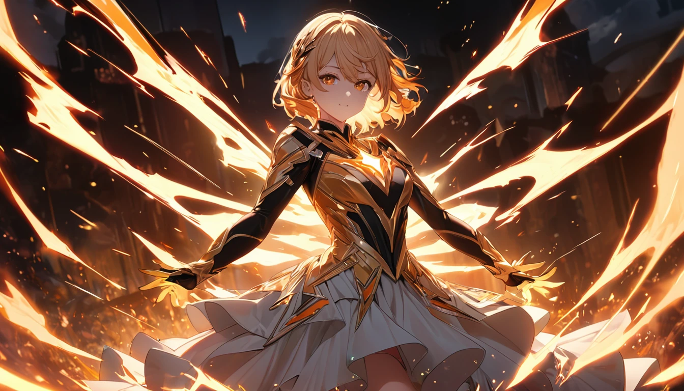 **303. One person。Spark Personification。The embodiment of a spark that symbolizes the flash of light and passion of the moment.。Cowboy shot or close-up。
masterpiece, best quality, ultra detailed (Detailed fingers), (Emotional), (Breathtakingly beautiful),
(main part: 1.2 Whole body。), (Anime Style), (Very detailed), (spark personification),
(超High resolution, High resolution), (8k), (High resolution: 1.2), (Complex and beautiful: 1.2)**
- background: A workshop where sparks fly in the darkness、A landscape filled with the scent of iron and fire。
- Personification: Young woman, around 18 years old、Wearing a sparkling dress that makes sparks fly。
-pose: The moment the iron is struck, sparks fly as it comes into motion.。
-expression: Passionate and powerful、A look that seems to bet everything on that moment。
- Effects: Sparks fly in all directions、Bright surroundings effect。
-color: Gold and Orange、A color that symbolizes the spark of fire。