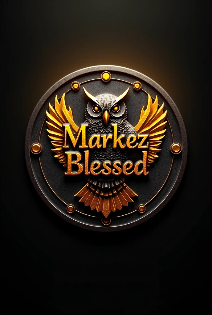 3D logo with name written "MARKEZ BLESSED" there is a picture of an owl behind the writing, round shape, emboss effect, merah steel, artistic elegance, glowing efek.auto focus, warna logo kuning metalik, dark color background