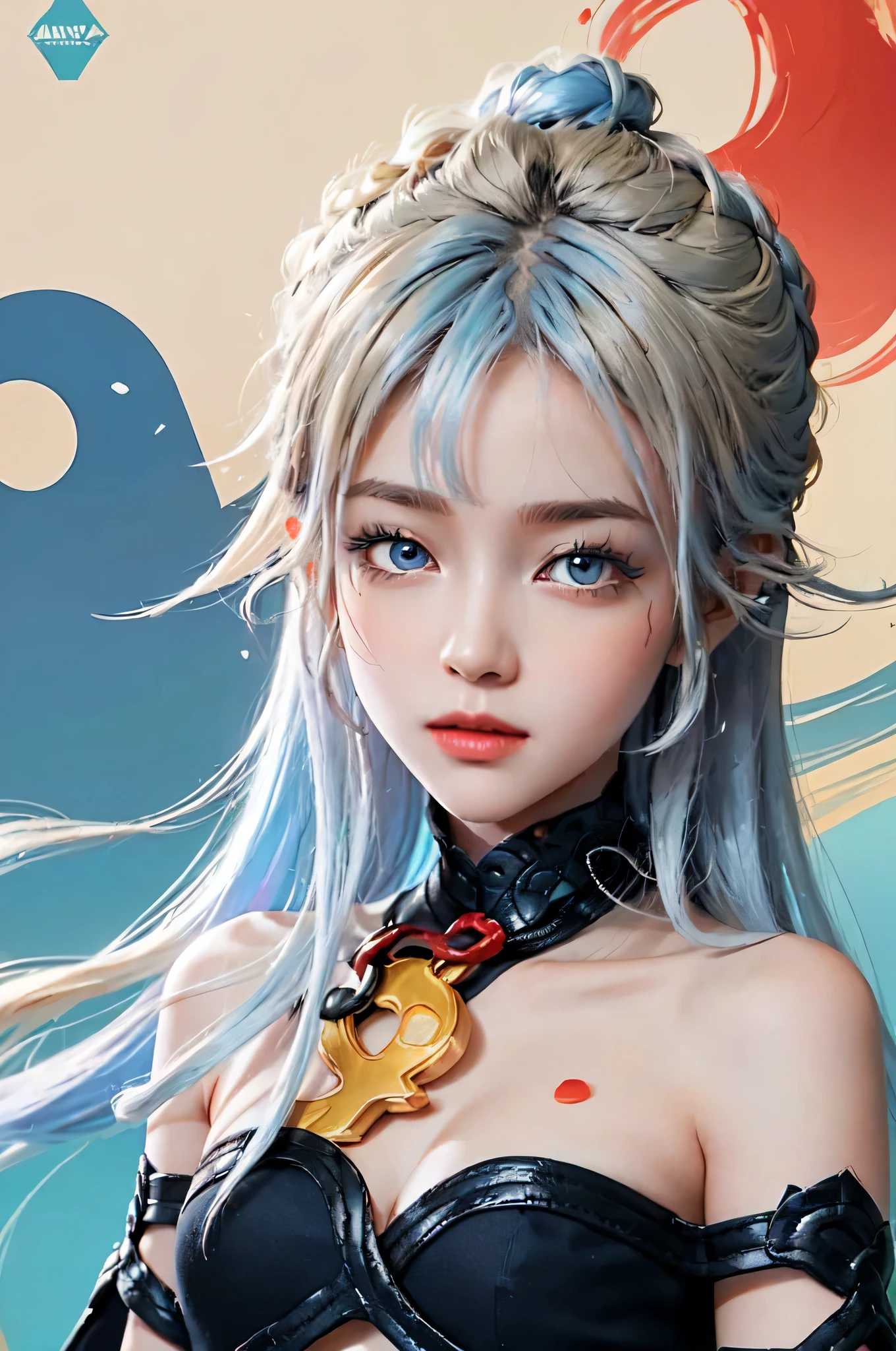 （Colorful Fashion T-Shirts：1.9），（blond：1.8），（Rainbow all colors：1.8），（（（（（Vertical painting：1.6））），（：1.6），front，comics，illustration，，big eyes，crystal clear，（(blue hair))，extra long hair：1.7），Exquisite makeup，Shut up，（Little fresh：1.5），（Tube Top：1.6），long eyelashes，Colorful off-shoulder T-shirt，looking at the audience，Big watery eyes，（blond hair：1.6），Color Splash，（solo：1.8），Color Splash，Color explosion，Heavy Paintworkwind，Messy lines，（（Shiny）） ，（Colorful），（Colorful），（Colorful），Colorful，Heavy Paintworkwind，（splash）（Color Splash），vertical，Upper body，Paintworksplash，acrylic paint，Gradient，Paintwork，Highest image quality，highest quality，masterpiece，solo，depth of field，face painting，colorful clothes，（grace：1.2），gorgeous，long hair，wind，（grace：1.3），（petal：1.4），（（（masterpiece））），（（（））），（（Super detailed）），（illustration），（dynamic angle） ,((float)),(Paintwork),((disheveled hair)),(solo),(1girl),(((Detailed Anima face))),(((Beautiful detailed face)),neckwear,bare shoulders,blondes,((blondes)),((blondes)),Beautiful and delicate eyes,(Blue eyes),(((Blue eyes))),(((Colorful background))),(((high saturation) )),(((Surrounded by colorful splash))),(((Colorful background))),(((high saturation))),(((Surrounded by colorful splash))),(((Colorful background))),(((high saturation))),(((Surrounded by colorful splash))),