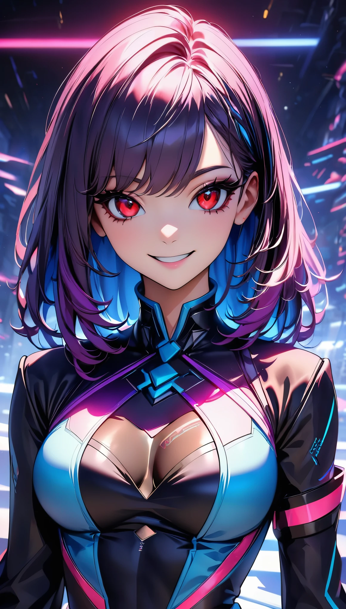 (Highest quality:1.2, Very detailed, up to date, Vibrant, Ultra-high resolution, High Contrast, masterpiece:1.2, Best aesthetics), (((1 person, beautiful girl))), super beautiful, Cyberpunk Style,  and young々Beautiful appearance, Futuristic bodysuit with neon accents and glowing circuit patterns, Cybernetic Dress:1.2, Advanced personas created by cutting edge technology companies, The ultimate virtual idol, The concept colors are purple and blue., ((A nasty smile, Beautiful eyelashes, Beautiful red eyes)), Futuristic live stage, Dramatic colors, Chiaroscuro, Bust Shot, Sexy pose.
