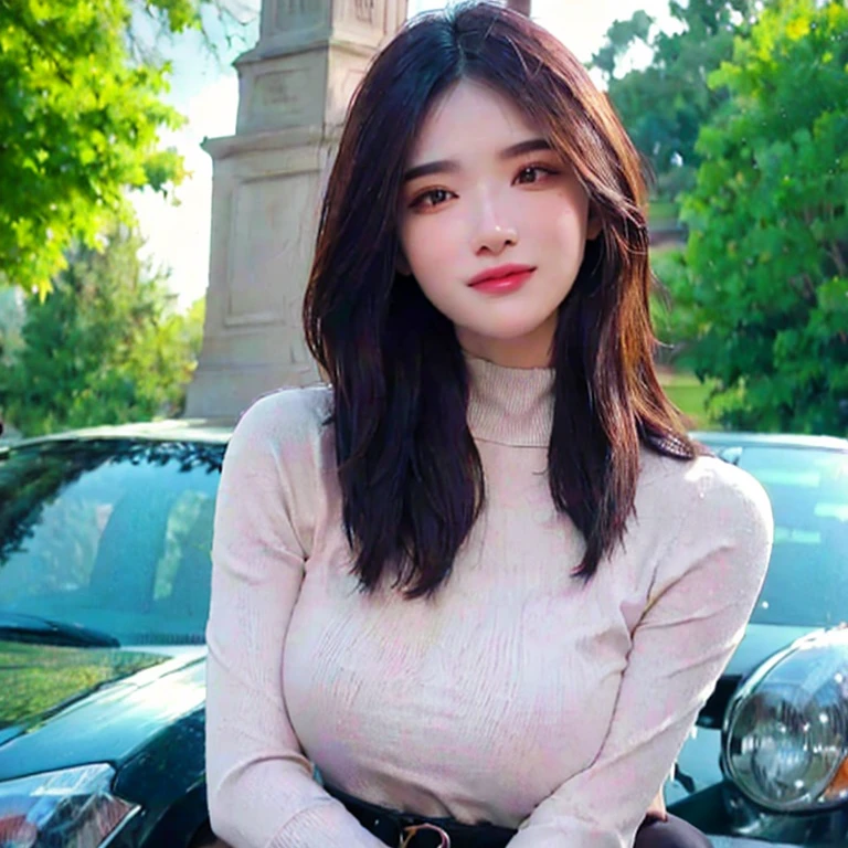 a beautiful young woman in a casual outfit, lady bikers, detailed face, alluring eyes, full lips, large bust, turtle neck t-shirt, leather jacket, outdoor date setting, soft lighting, warm colors, (best quality,4k,8k,highres,masterpiece:1.2),ultra-detailed,(realistic,photorealistic,photo-realistic:1.37),cinematic,beautiful detailed eyes,beautiful detailed lips,extremely detailed face and eyes,long eyelashes,intricate clothing textures,elegant posing,warm smile,romantic atmosphere