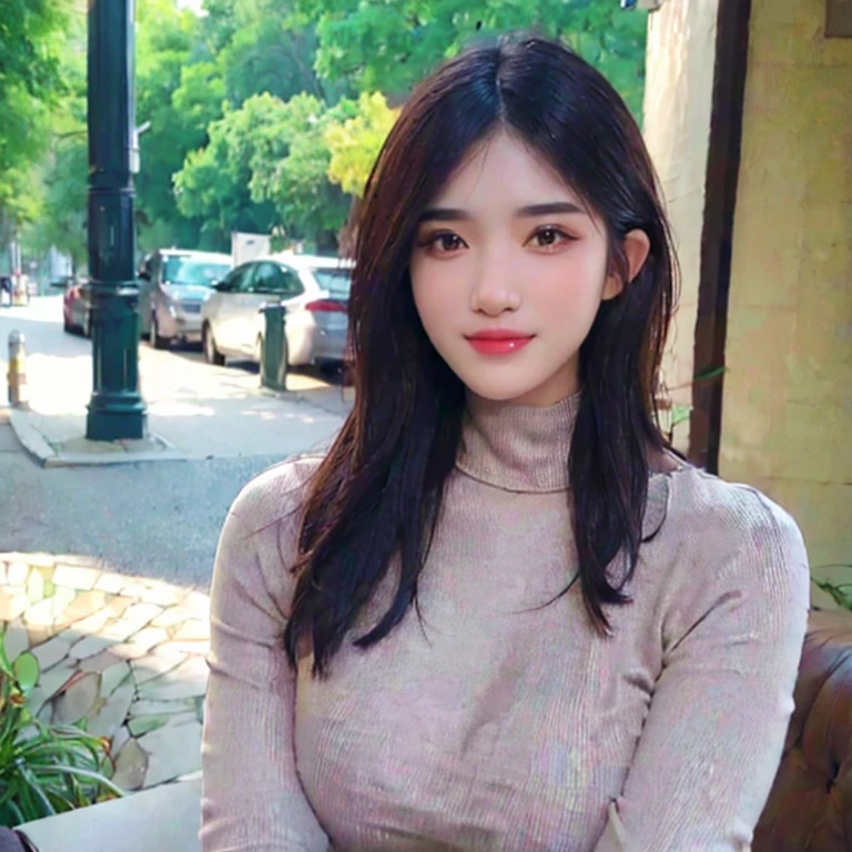 a beautiful young woman in a casual outfit, lady bikers, detailed face, alluring eyes, full lips, large bust, turtle neck t-shirt, leather jacket, outdoor date setting, soft lighting, warm colors, (best quality,4k,8k,highres,masterpiece:1.2),ultra-detailed,(realistic,photorealistic,photo-realistic:1.37),cinematic,beautiful detailed eyes,beautiful detailed lips,extremely detailed face and eyes,long eyelashes,intricate clothing textures,elegant posing,warm smile,romantic atmosphere