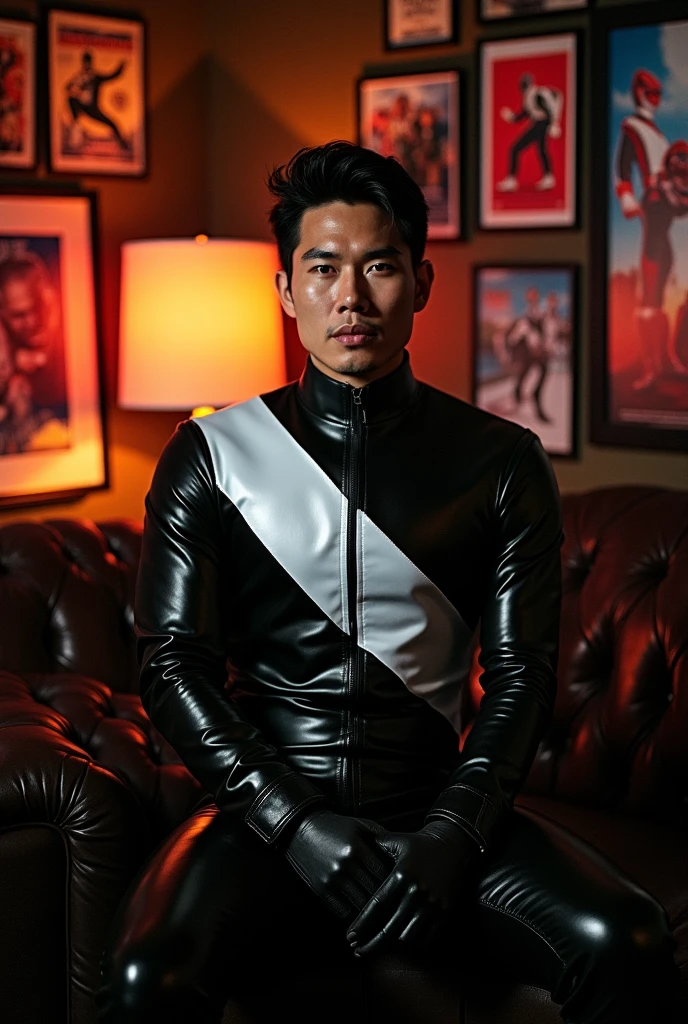 Johnny Yong Bosch
American actor Mighty morphin power rangers Adam park in his black power ranger suit sitting down