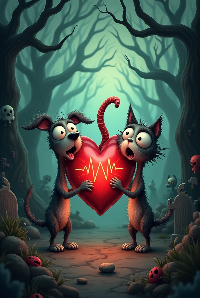 Scared Tim Burton style dog and cat with a worm in the middle of the heart with Tim Burton appearance between them. cartoonist, but something scary