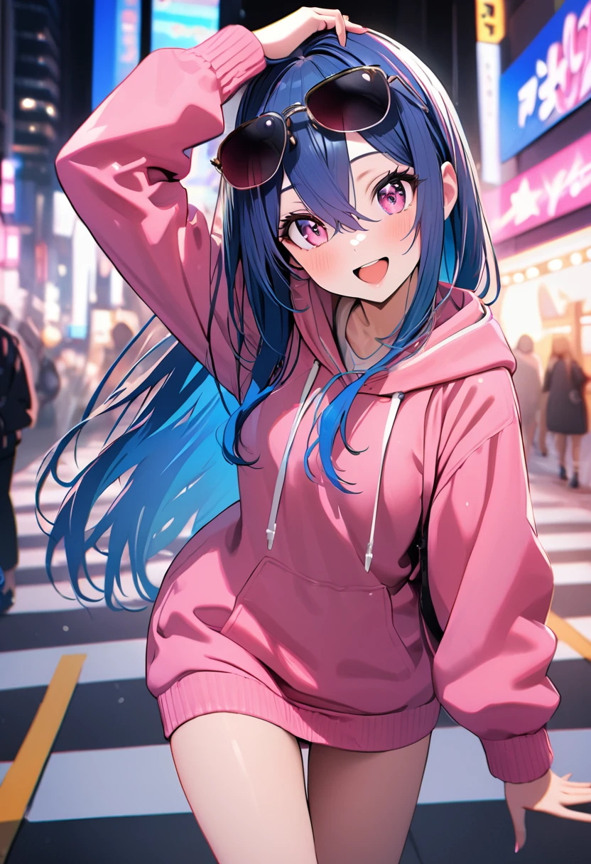 (8k, Highest quality, masterpiece: 1.2), Ultra-high resolution, years,1 idol,,alone,Highly detailed face,Detailed eyes,The body is slim,Pink Eyes,Sparkling Eyes,Fiddling with hair,Long eyelashes,break,Deep blue hair,Straight hair,Wear sunglasses over your head,Hair between the eyes,Pink hoodie dress, Sleeve length up to the wrist,Smile of joy,Open your mouth,Loop Lightning,Dynamic pose,Harajuku,Tokyo Street