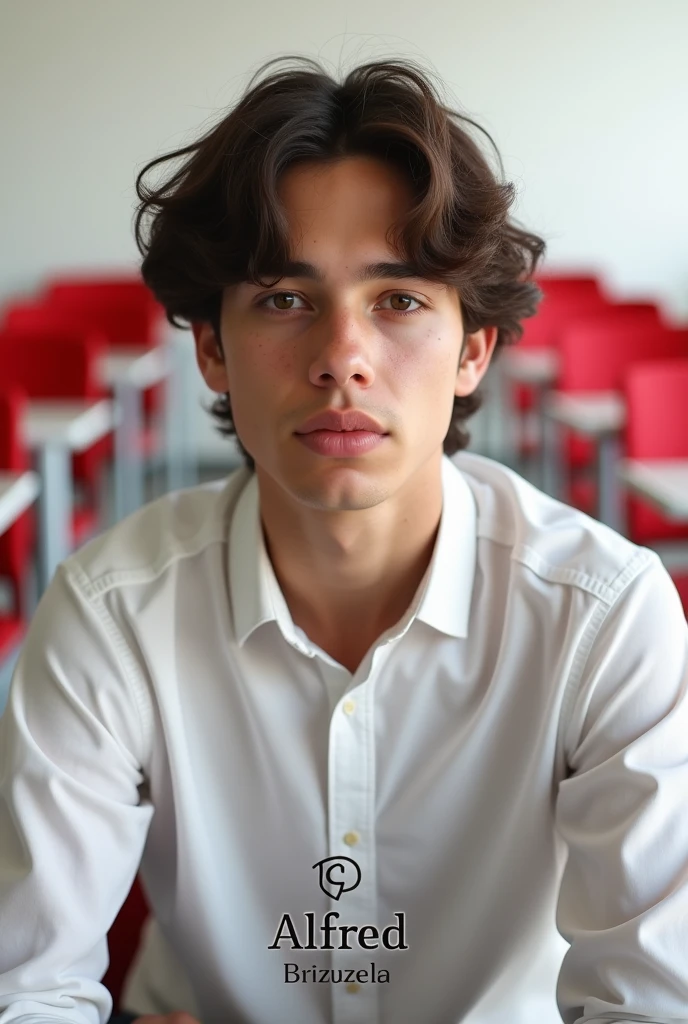 A beautiful young twink, a cute male with black hair, and he is wearing a white long-sleeved shirt and aqua blue jeans, and he is in his office. He is sitting in his office, and behind him is a blackboard with calculus and mathematical equations written on it, and he looks proudly victorious and has a piece of paper in his hand.  Study result.