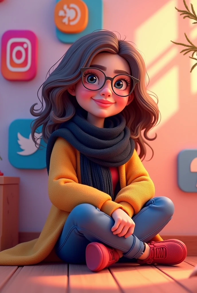 Generate 3d illustration of a character girl of age 19 and cute wearing black scarf and wearing specs and casual cloths sitting on floor in background we have a social media icon instgram with a profile name Rabiya umair